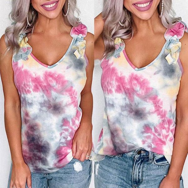 

топы womail к 2020 году новых летних женщин мода галстук-краситель печатных жилет майка леди футболка свободного покроя o-образным вырезом б, White