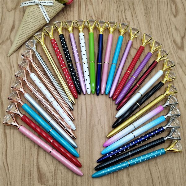 

fashion 22 color luxury big crystal diamond ballpoint pens fashion school office supplies new design big gem metal ball pen student gift, Blue;orange