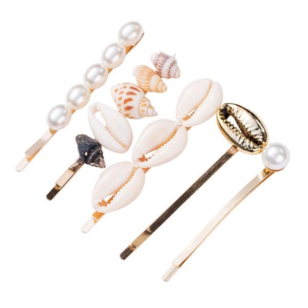 

conch seashell bling hairpins pearl hair clips set bangs barrette for women and girls five-piece suit, Golden;white