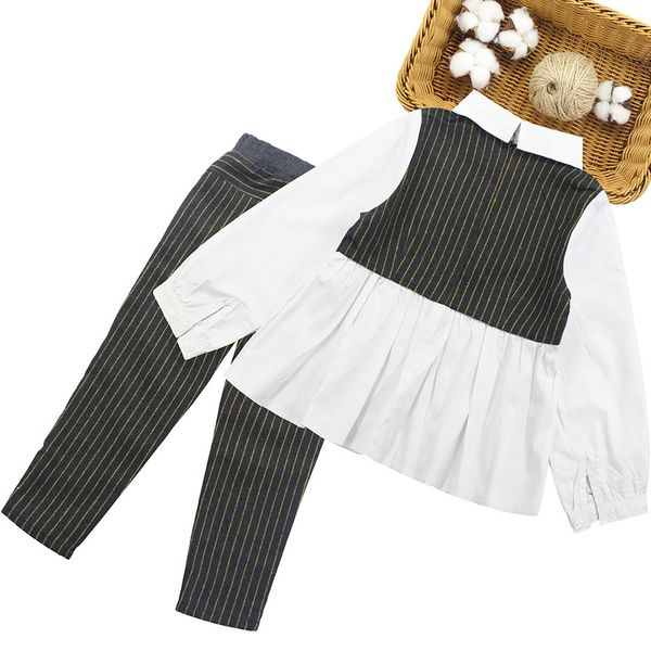 

одежда для девочек лоскутная блузка школьная рубашка + полосатые брюки 2 шт. детская одежда комплект 6 8 10 12 13 14 год y200325, White