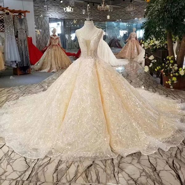 

роскошные блестящие свадебное платье с кисточкой воротник цепи свет шампанского глубокий v-образным вырезом без рукавов бальное платье прост, White