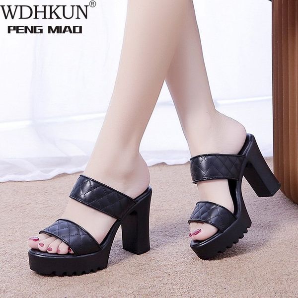 

plus size 35-40 high heels slippers women platform shoes summer 2020 block heel patent leather slides ladies slippers for office, Black