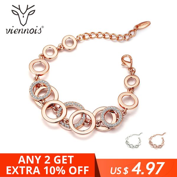 

viennois rose gold circles bracelet & bangles for women rhinestones paved double layer round female wedding jewelry 3 colors, Black