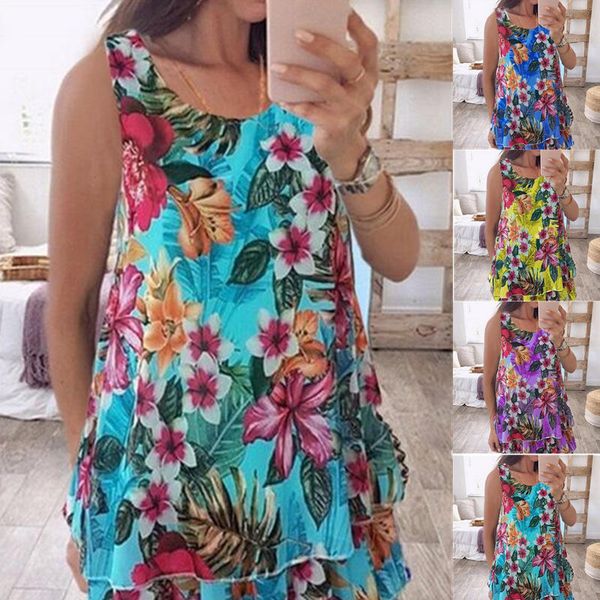 

women's t-shirt ladies casual summer sleeveless round neck chiffon floral printing loosefitting ruffle hem pullover vest, White