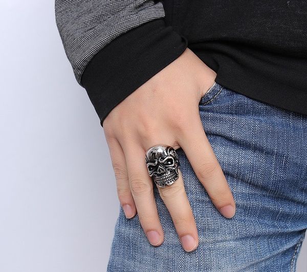 

2019 mens punk rock skull ring 316l stainless steel men boys cool man biker ring men jewelry anel masculino us size 7-12 anillos, Golden;silver