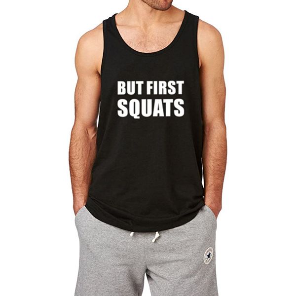 

2020 summer men's but first squats gym funny workout fitness tank men cotton printed tank top, White;black