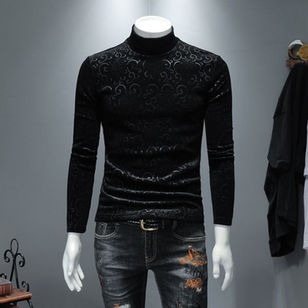 

2019 autumn and winter dark gold velvet solid color round neck bottoming shirt men's tide brand warm slim long-sleeved t-shirt, White;black