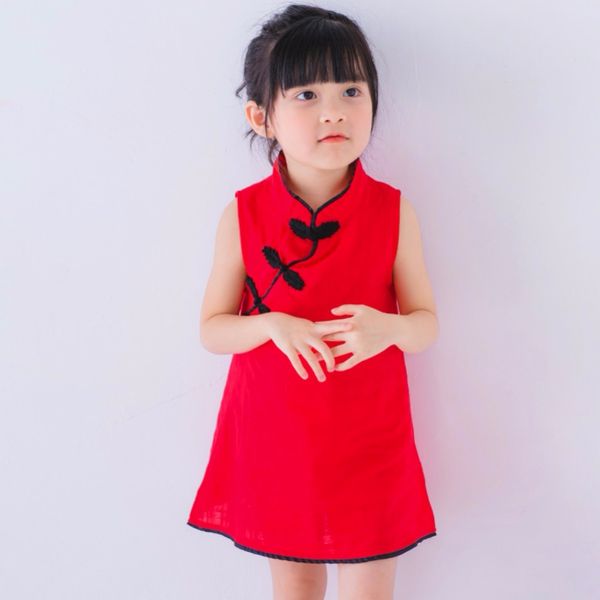 

baby girl dresses classic chinese style sleeveless baby girls cheongsam dresses cotton linen vintage cute clothing, Red;yellow