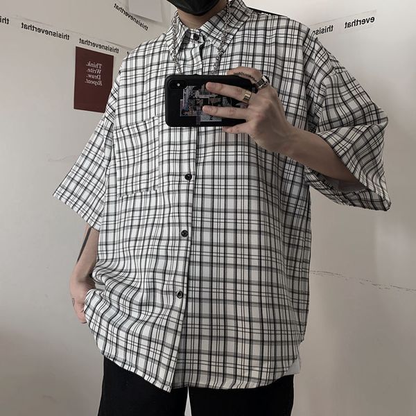

summer plaid shirt men's fashion retro cotton thin casual shirt men streetwear wild loose short sleeve shirts mens -xl, White;black