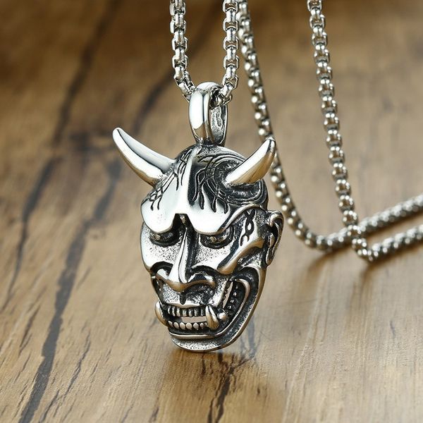 

gothic horn evil devil demon pendant necklace for men oxidized silver stainless steel tattoo oni hannya mask male collar
