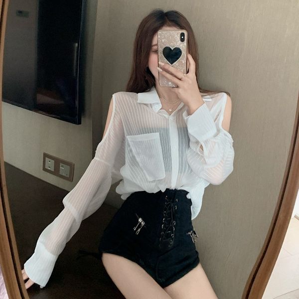 

long-sleeved sunscreen shirt womens 2020 new design sense niche fashion off-shoulder summer thin temperament perspective shirt, White