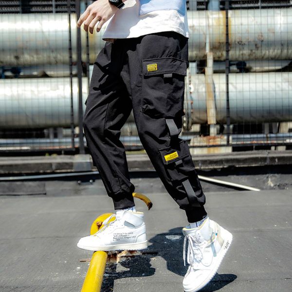 

2019 spring hip hop joggers men black harem pants multi-pocket ribbons man sweatpants streetwear casual mens pants designer