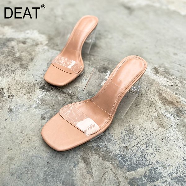

deat] 2020 new spring summer square toe shallow transparent pvc crystal high heels slippers women shoes fashion tide 10h602, Black