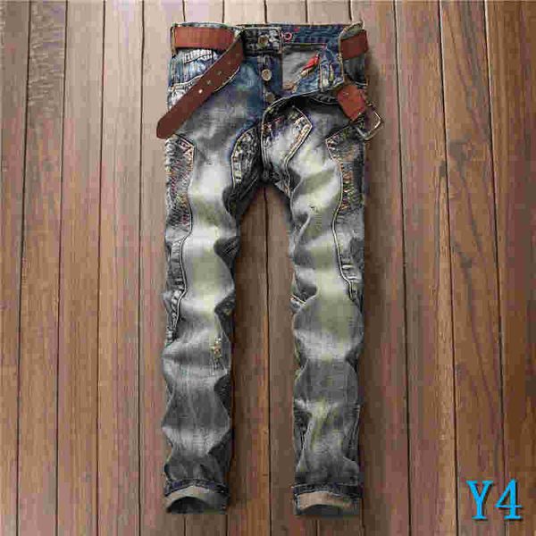 

mens jeans 2019 new arrival fashion casual retro patchwork distrressed hole washed men's straight jean cotton blend wholesale.y4, Blue