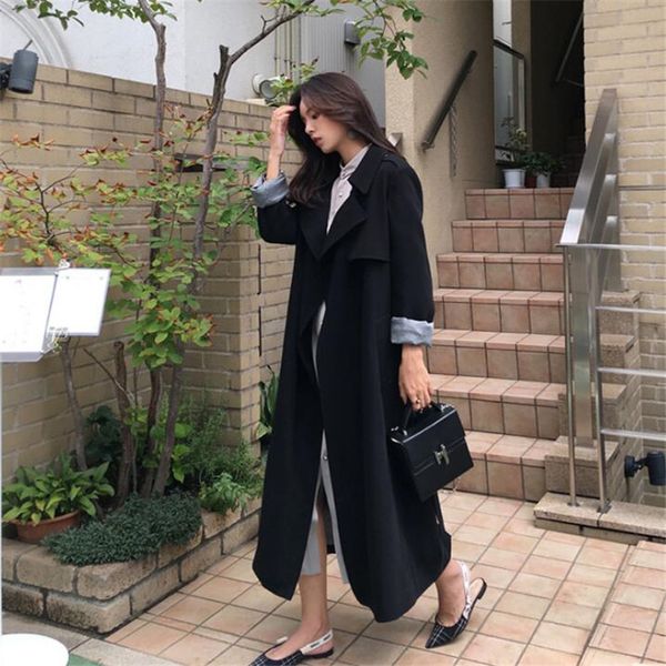 

tang brand 2019 spring autumn women's loose trench coat with belt khaki & black plus size korean style windbreaker outwear, Tan;black
