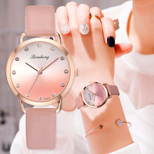 

brand women watches fashion gradient dial leather strap luxury quartz ladies watch women clock montre femme, Slivery;brown