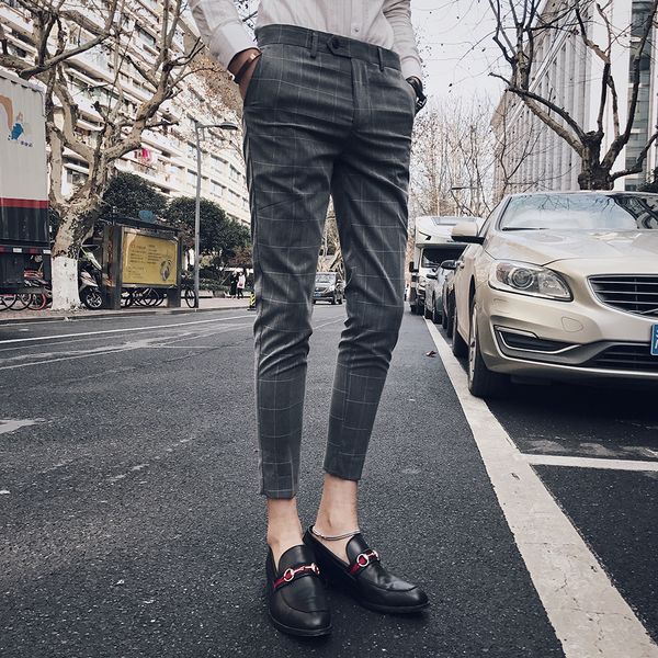 

2019 dress suit pant man plaid suit pant men brand designer gentlemen business casual work men bare foot trousers, White;black