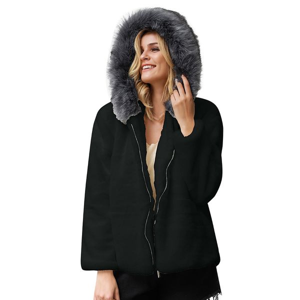 

women thick warm fur lambswool jacket outerwear autumn winter zipper coat loose hooded pocket casual outerwear hairy overcoat, Black