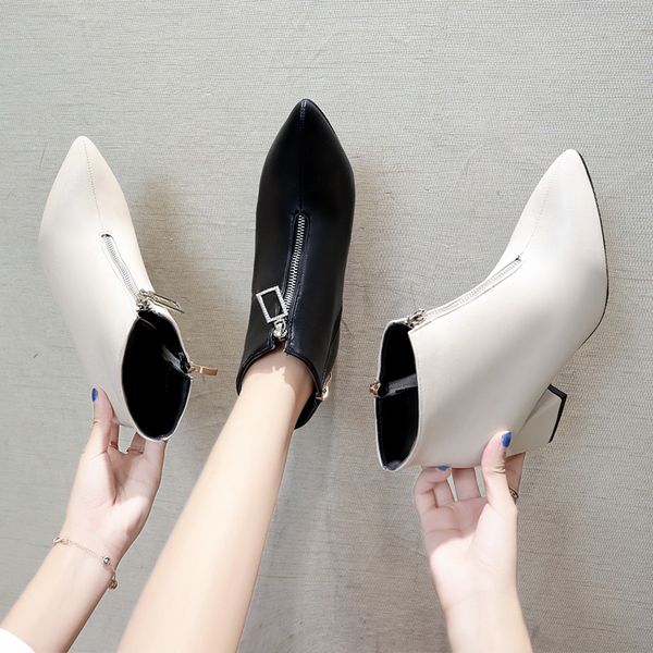 

2019 autumn and winter pointed boots women's boots high heel thick with fashion front zipper short tube women's shoes, Black