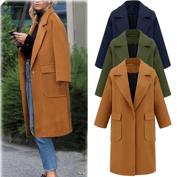 

womens lapel wool coat jacket long overcoat outwear long sleeve jacket casual pocket loose coat ladies female autumn winter, Black