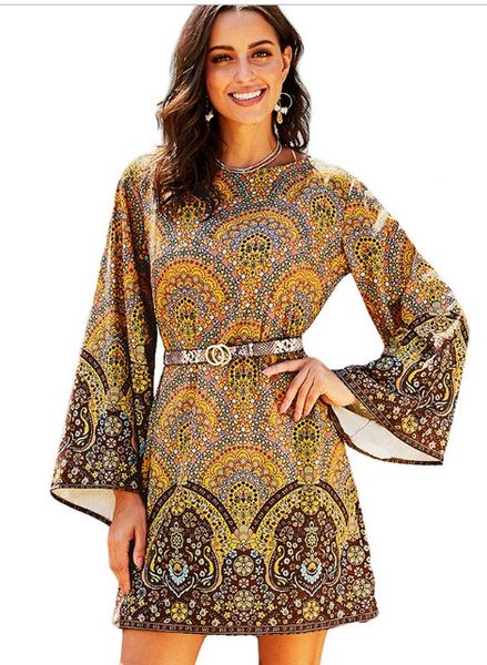 

s  l xl xl majesty bohemia flower women dress o-neck flared sleeve push up vintage dress vestidos dlm221013, Black;gray