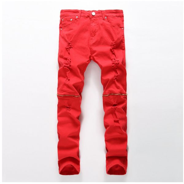 

men's ripped slim pure white red black large size biker jeans fashion casual patchwork knee zipper elastic denim pants trousers, Blue
