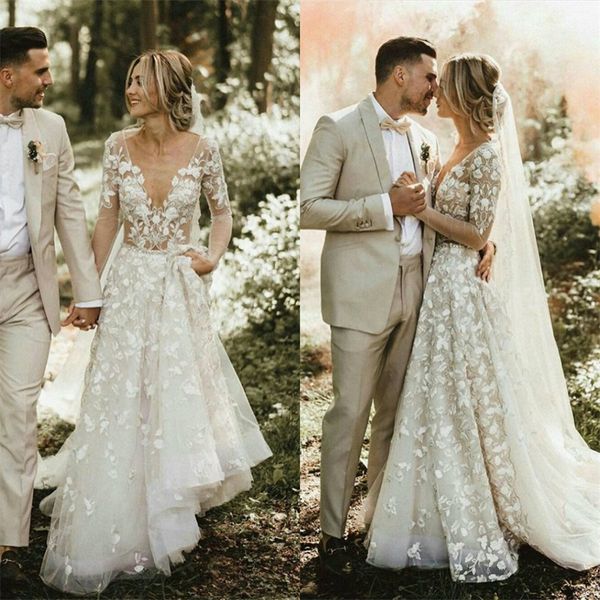 

2020 v-neck boho wedding dresses full appliqued lace elegant bridal gown beach long sleeves sweep train robes de mariÃ©e sale, White