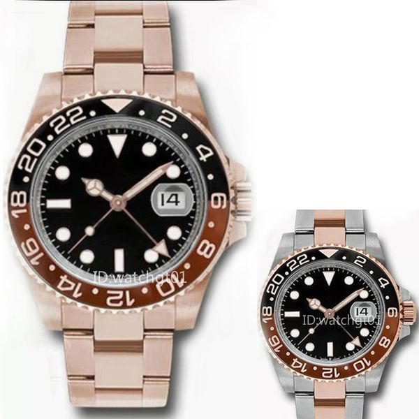 

luxury mens watches 126715 rose gold gmt2 mens watch automatic movement ceramic rotating bezel stanless steel strap wristwatches, Slivery;brown