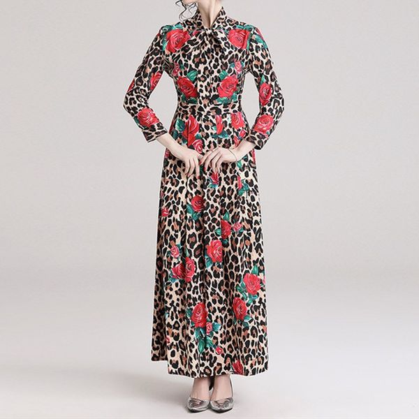 

long sleeve maxi dresses women's elegant rose floral leopard print party dress summer bow tie collar holiday dress, Black;gray