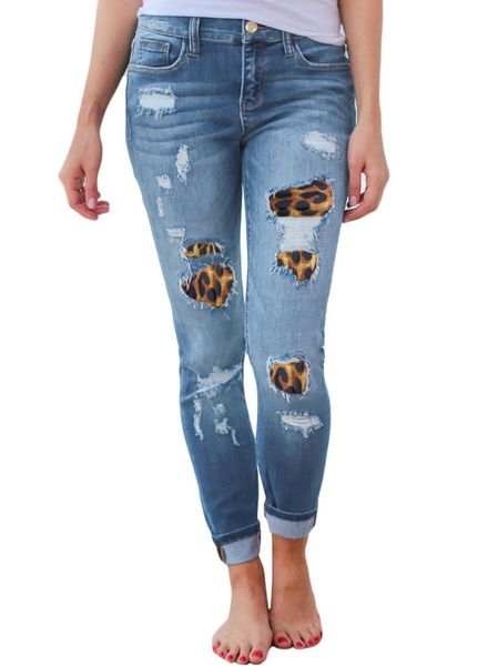 

european and american-style leopord pattern with holes applique stretch jeans, Blue