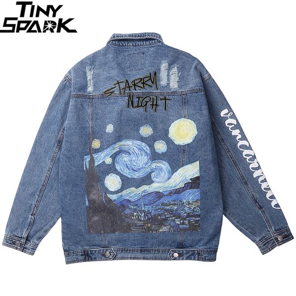 

vincent van gogh streetwear denim jackets hip hop men vintage ripped holes denim jean jacket coat harajuku bomber jacket cotton t200115, Black;brown