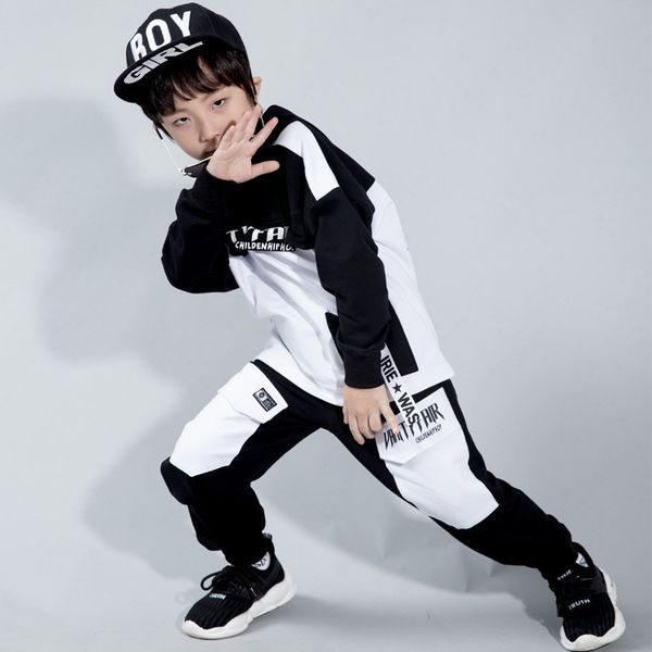 

hiphop clothes kids boys winter long sleeve performance outfits black sport suit street dance clothing autumn hip hop set t200414, White