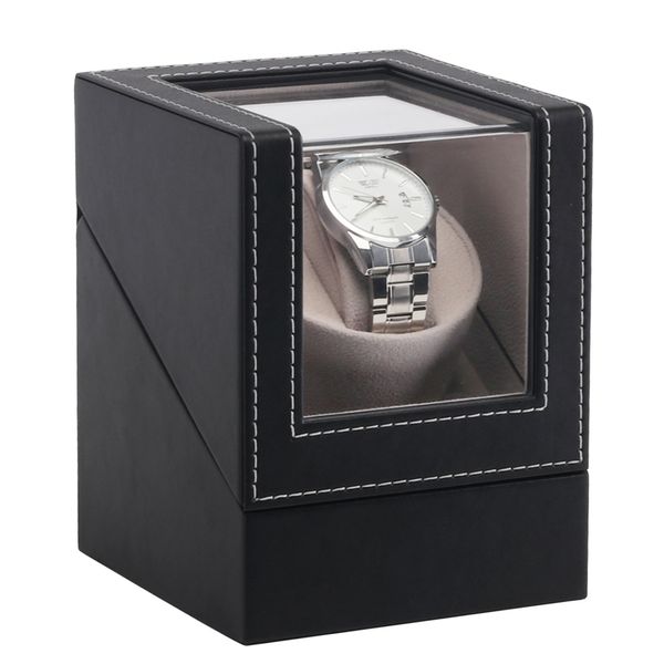 

us plug transparent cover automatic mechanical watch winder display box jewelry pu leather wristwatch holder luxury motor shaker, Black