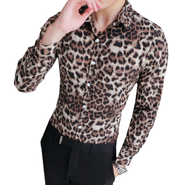 

men's long-sleeved shirt nightclub leopard print korean slim youth trend autumn personality business casual flower inch clothing, White;black