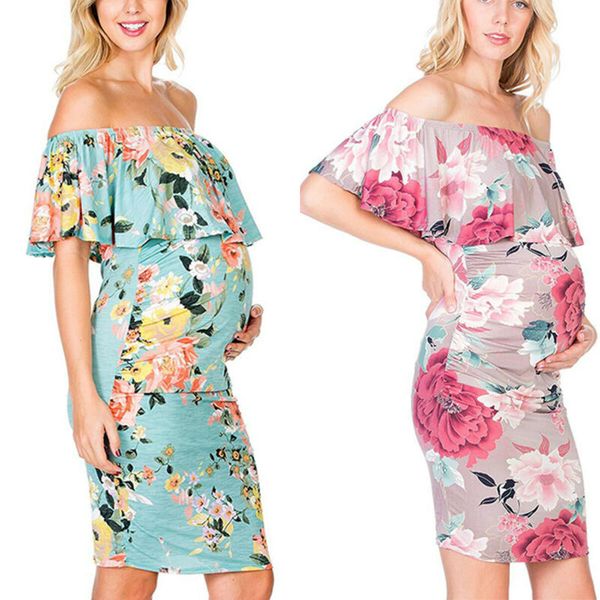 

Women's Maternity Off Shoulder Floral Printed Pregnant Pregnancy Midi Dresses