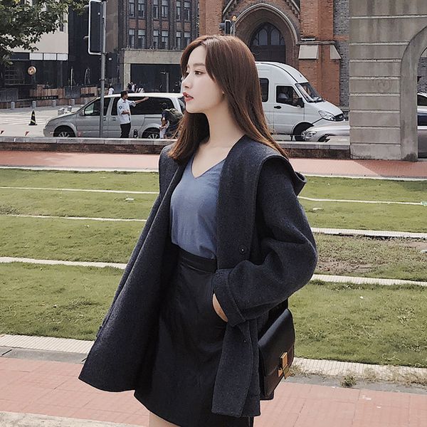 

реальные фото шерсти пальто женщин корейской версии осени и зимы чистый цвет зашнуровать короткий размер потерять хепберн пальто тенденции, Black