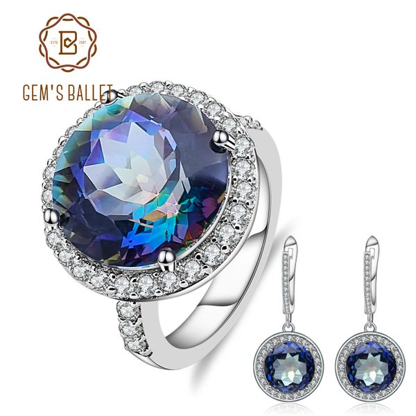 

gem's ballet 8.51ct round natural blueish mystic quartz jewelry set 925 sterling silver earrings ring set for women trendy fine, Black