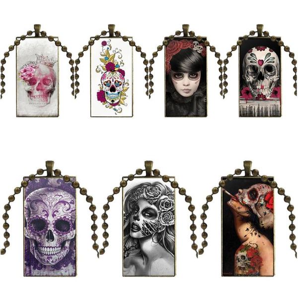 

floral sugar skull tattooed glass cabochon jewelry bronze color with long pendant choker rectangle necklace for women kids gift, Silver