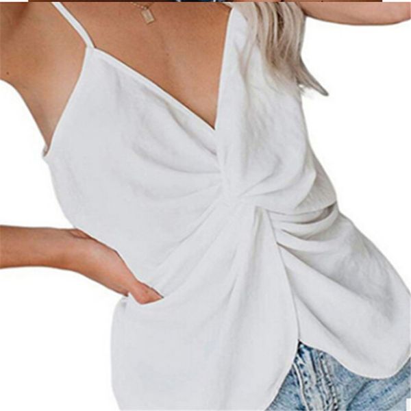 

women solid summer strappy vest sleeveless v neck casual summer loose tank, White