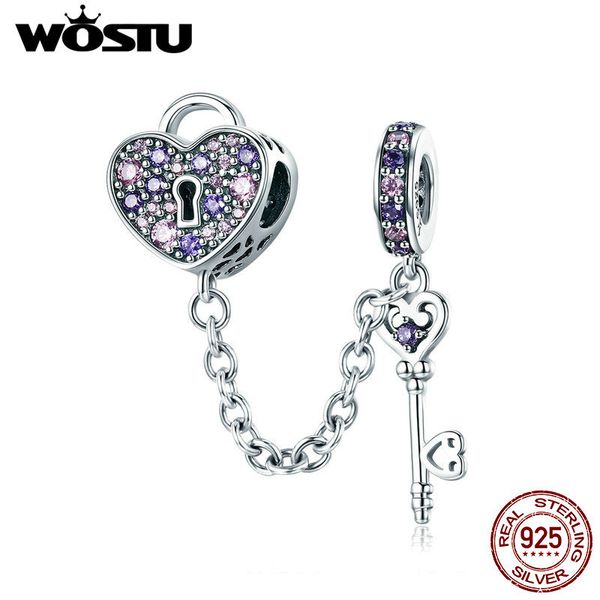 

wostu 925 sterling silver ключ сердца замка кристалл cz цепи шариков шармов приспосабливать браслет женщин ювелирные изделия способа cqc772, Bronze;silver
