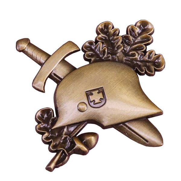 

sword hat enamel pin cross and oak leaves badge vintage bronze helmet brooch germany jewelry men accessory, Gray