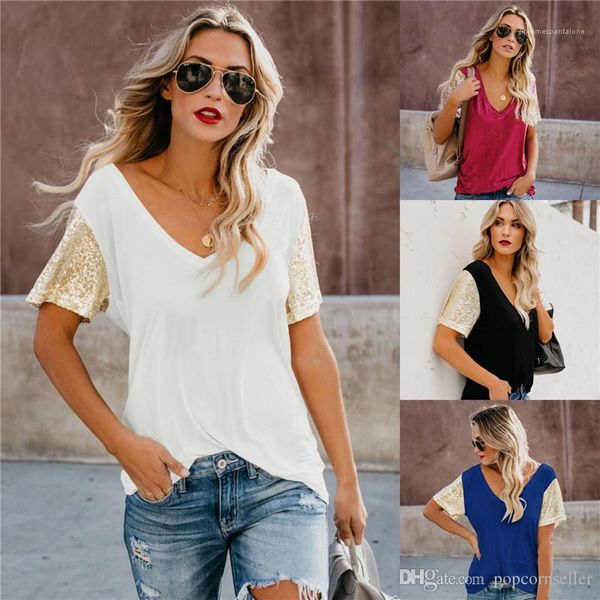 

womens v neck sequined short sleeved tshirt loose fashion womens apparel fashion womens designer tshirt new, White