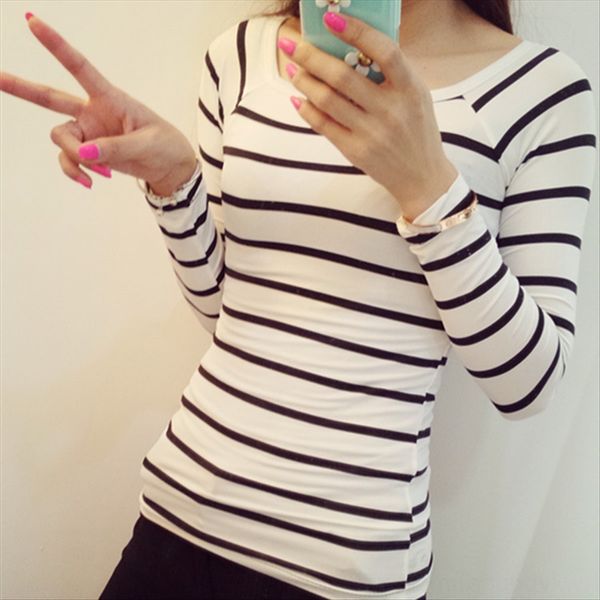 

2019 autumn clothes t- long sleeve t-shirt striped base shirt slim black and white striped top