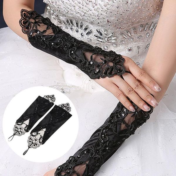 

2pcs / pairs lace gloves with pearl women black fingerless gloves keep warm 28cm long elegant ladies, Blue;gray