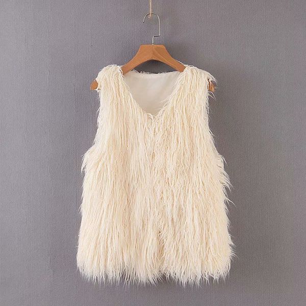 

2019 women elegant v neck sleeveless faux fur vest jacket ladies high streetwear solid color chic casual slim waistcoat ct307, Black;white