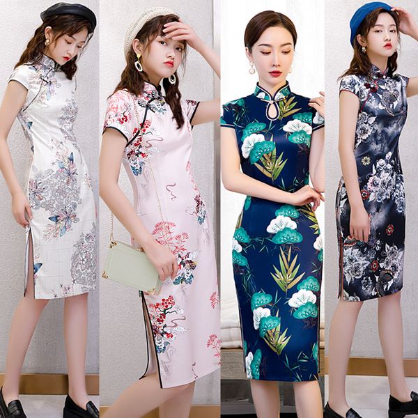 

plus size 4xl summer short-sleeved knee length cheongsam slim qipao dress chinese style retro tang suit cheongsam, Red