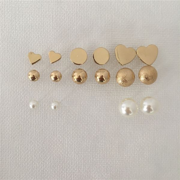 

lovely gold color plating heart round disc pearl half ball stud earrings set for women girl, Golden;silver