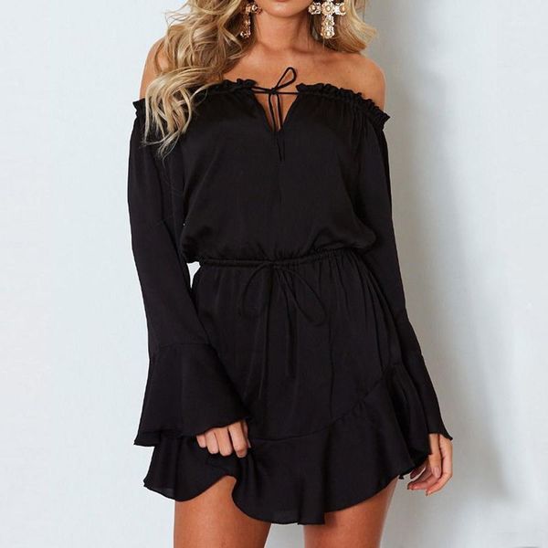

neck off shoulder dress ladies long sleeve solid flare dresses party high waist dress stylish bar women deep slash, Black;gray