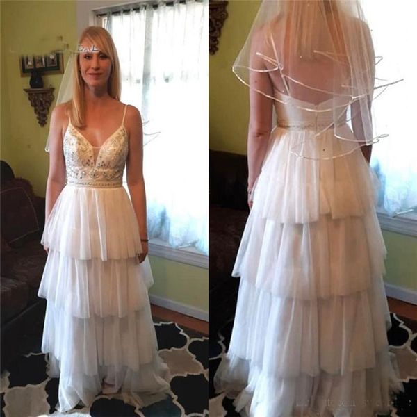 

2019 Tiered A-line Beach Wedding Dresses With Backless Sleeveless Bridal Gowns Vestidos De Novia Wedding Dresses