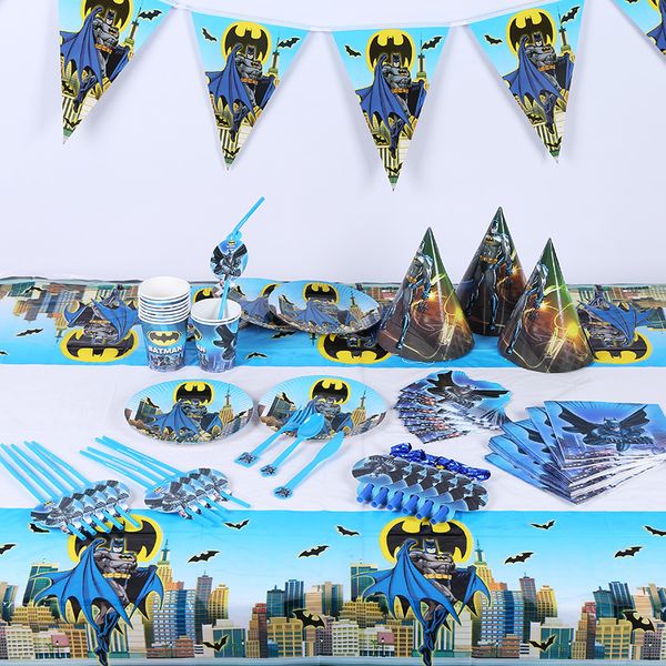 

batman theme birthday party decor paper plate cup napkin straw banner/flag candy box tableware set baby shower party supplies